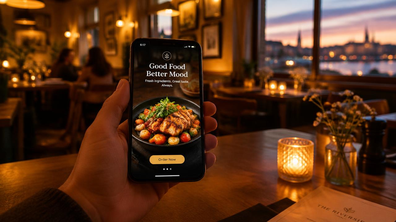 LeadBoost mobile ad shown on a phone inside a restaurant